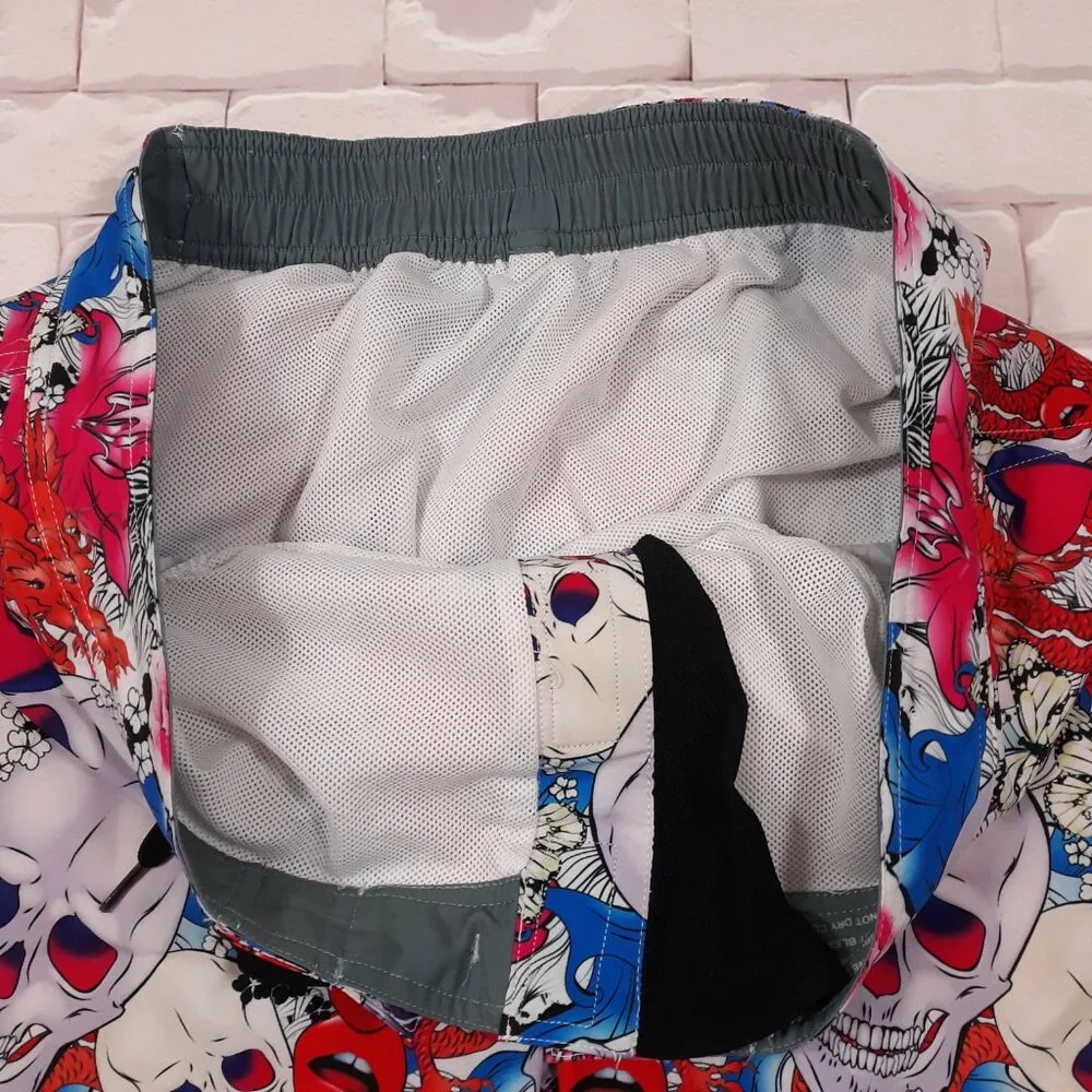 Hreski Swim Trunks Water Beach Shorts Mens Size 40 Skull Rose Grunge Red Blue